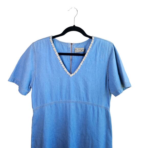 🦃Vintage Monique Fashions Chambray Denim Maxi Dress Floral Embroidered Size 10 - Picture 4 of 9